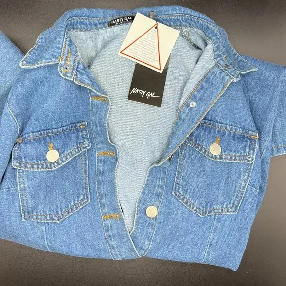 Nasty Gal Button Front Long Sleeve Denim Dress UK 10 US 6 Small Blue Western - Picture 6 of 8